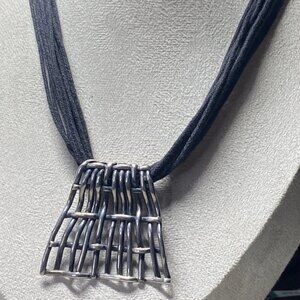 Modernist 950 Silver Artisan Handmade Woven Bar Pendant Necklace